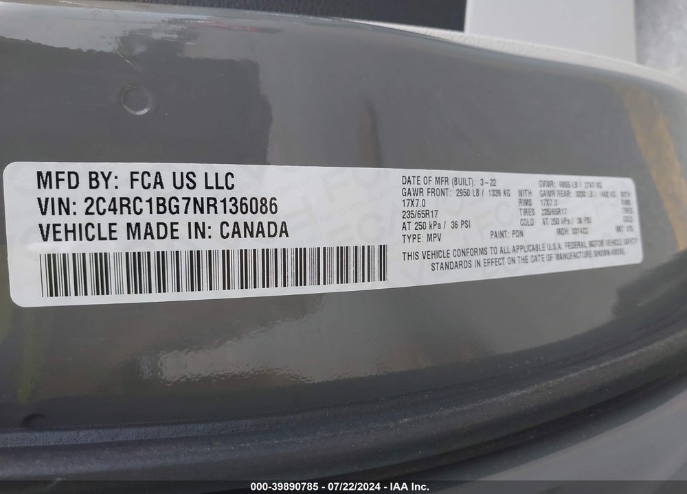 2022 CHRYSLER PACIFICA TOURING L VIN: 2C4RC1BG7NR136086
