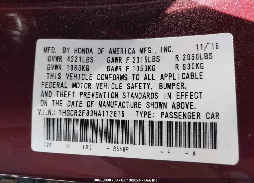 2017 HONDA ACCORD EX-L VIN: 1HGCR2F83HA113816