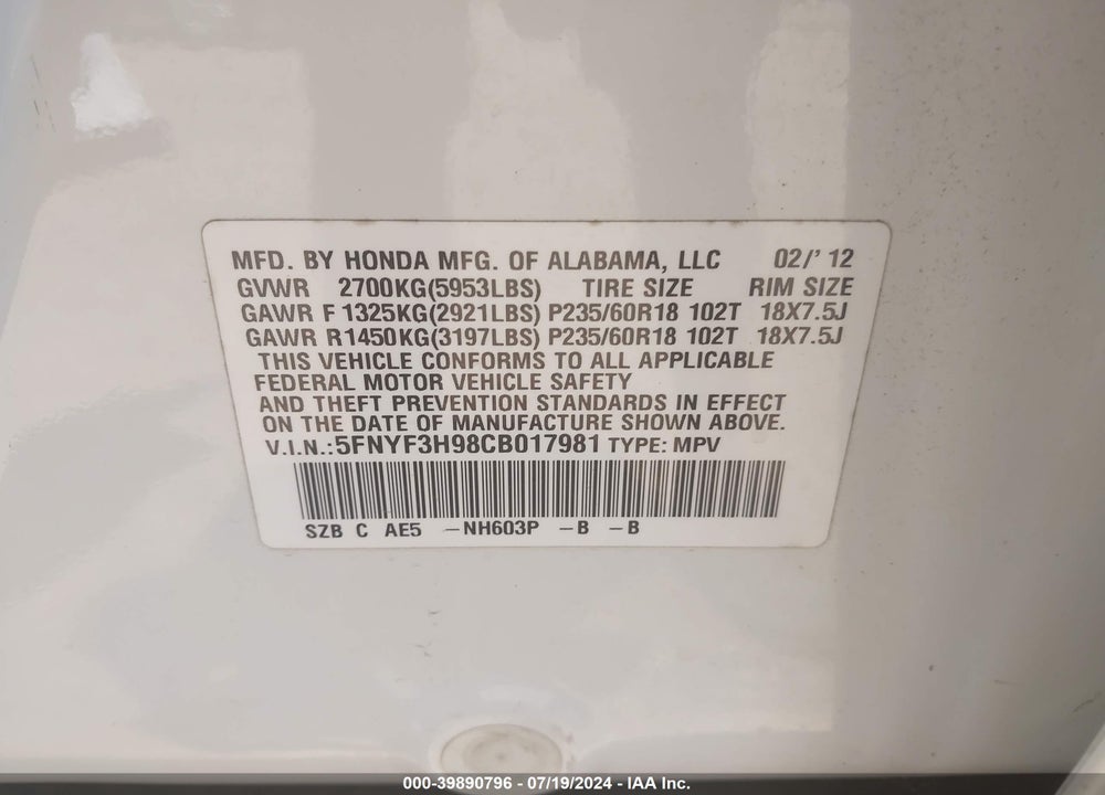 2012 HONDA PILOT TOURING VIN: 5FNYF3H98CB017981