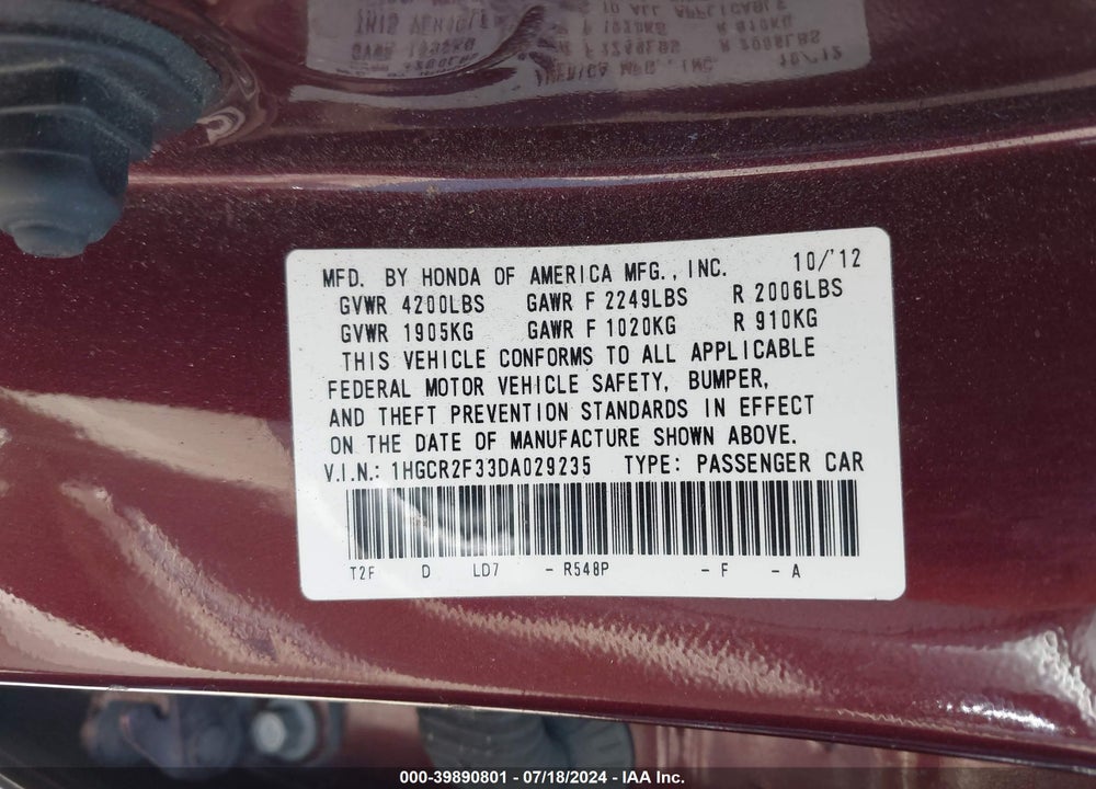2013 HONDA ACCORD LX VIN: 1HGCR2F33DA029235