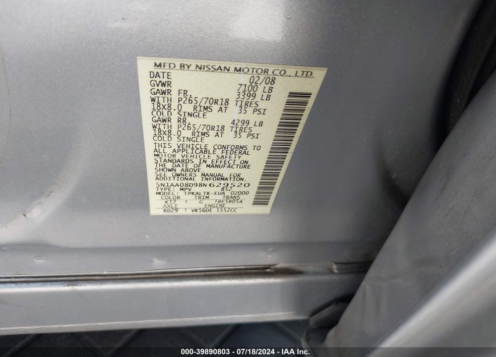 2008 NISSAN ARMADA SE VIN: 5N1AA08D98N629520