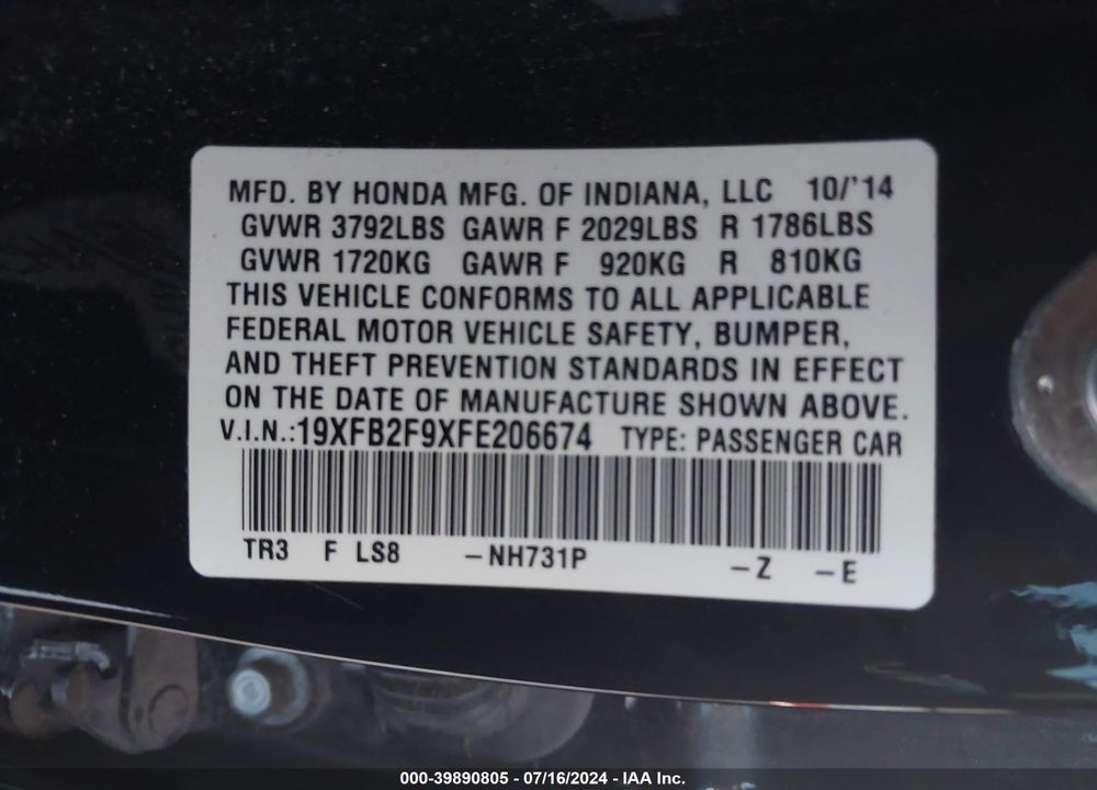 2015 HONDA CIVIC EX-L VIN: 19XFB2F9XFE206674