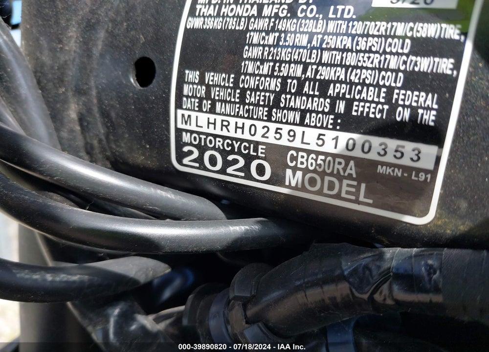 2020 HONDA CB650 RA VIN: MLHRH0259L5100353