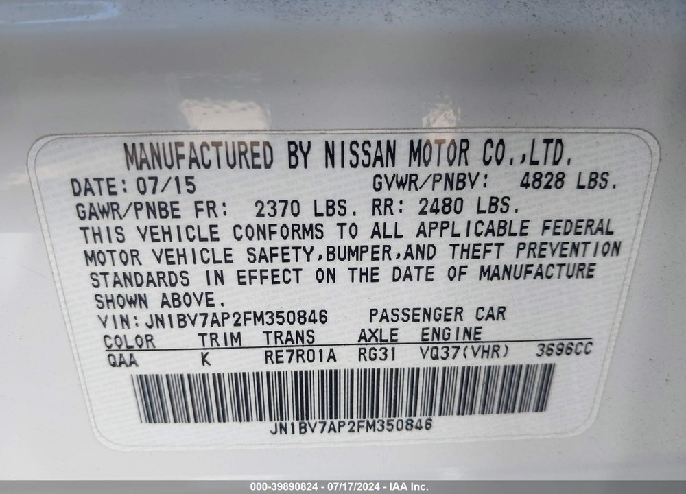 2015 INFINITI Q50 VIN: JN1BV7AP2FM350846