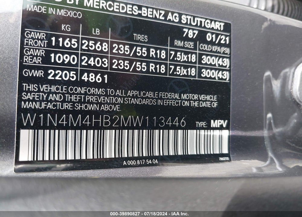 2021 MERCEDES-BENZ GLB 250 4MATIC VIN: W1N4M4HB2MW113446
