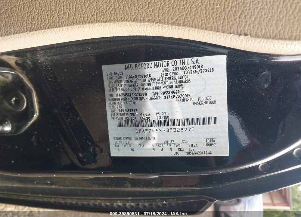 2003 FORD MUSTANG GT VIN: 1FAFP45X73F328770
