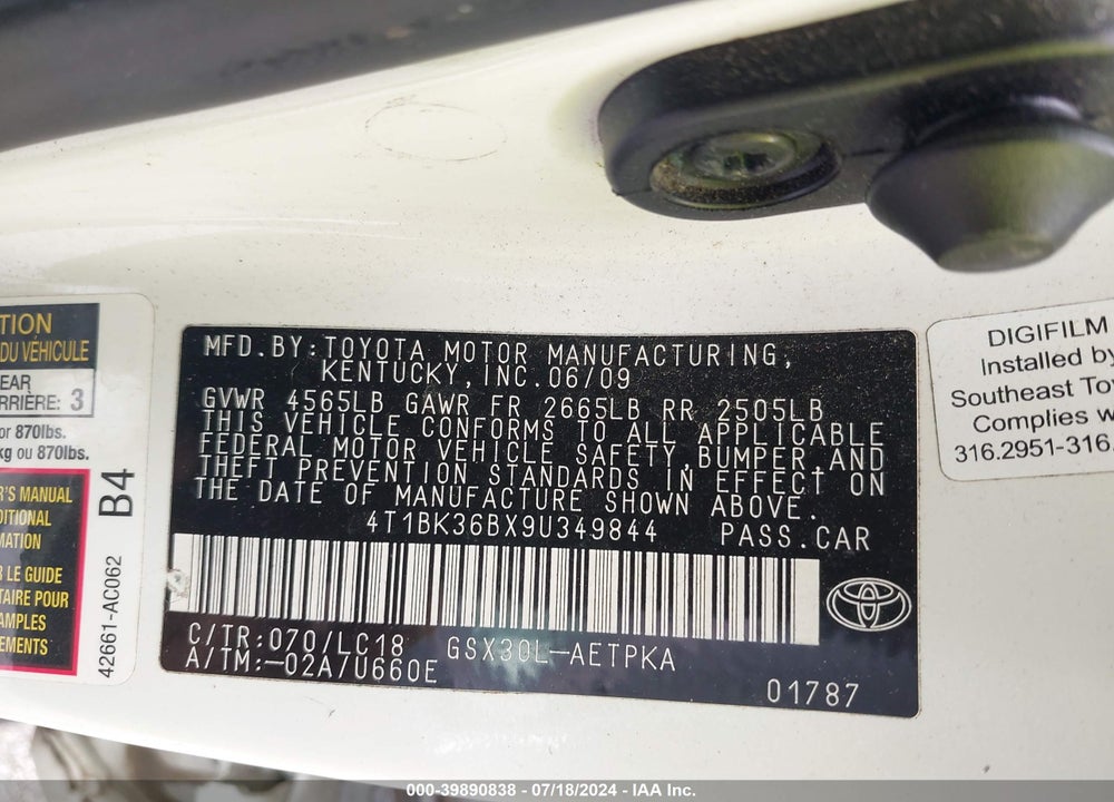 2009 TOYOTA AVALON LIMITED VIN: 4T1BK36BX9U349844