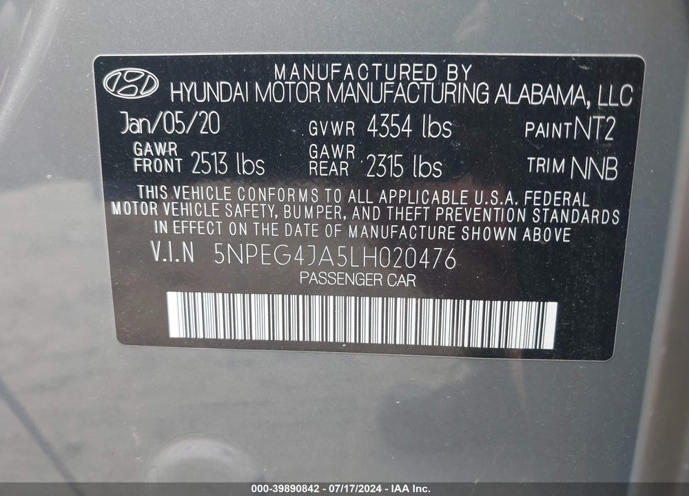 2020 HYUNDAI SONATA SE VIN: 5NPEG4JA5LH020476