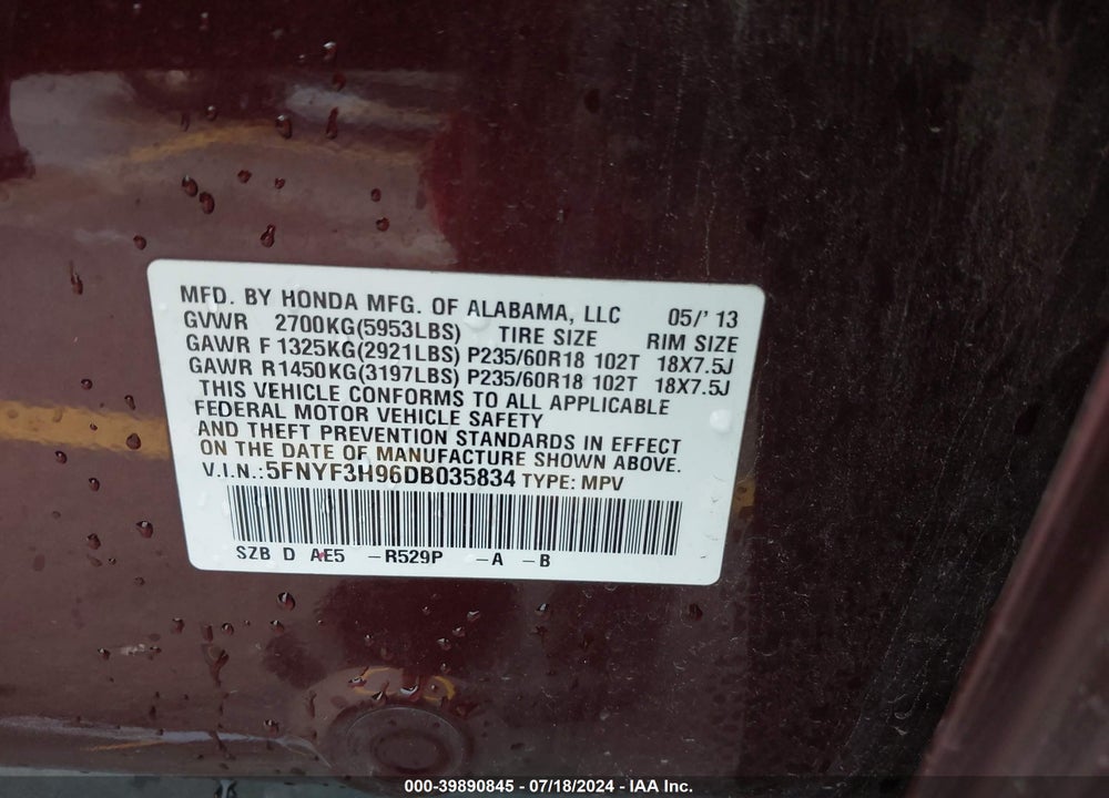 2013 HONDA PILOT TOURING VIN: 5FNYF3H96DB035834