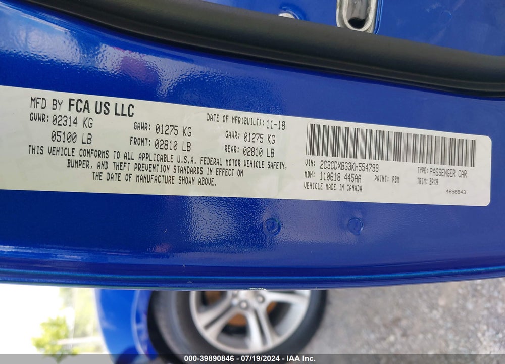 2019 DODGE CHARGER SXT RWD VIN: 2C3CDXBG3KH554799
