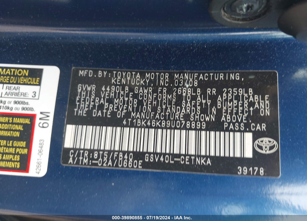 2009 TOYOTA CAMRY LE V6 VIN: 4T1BK46K89U078899