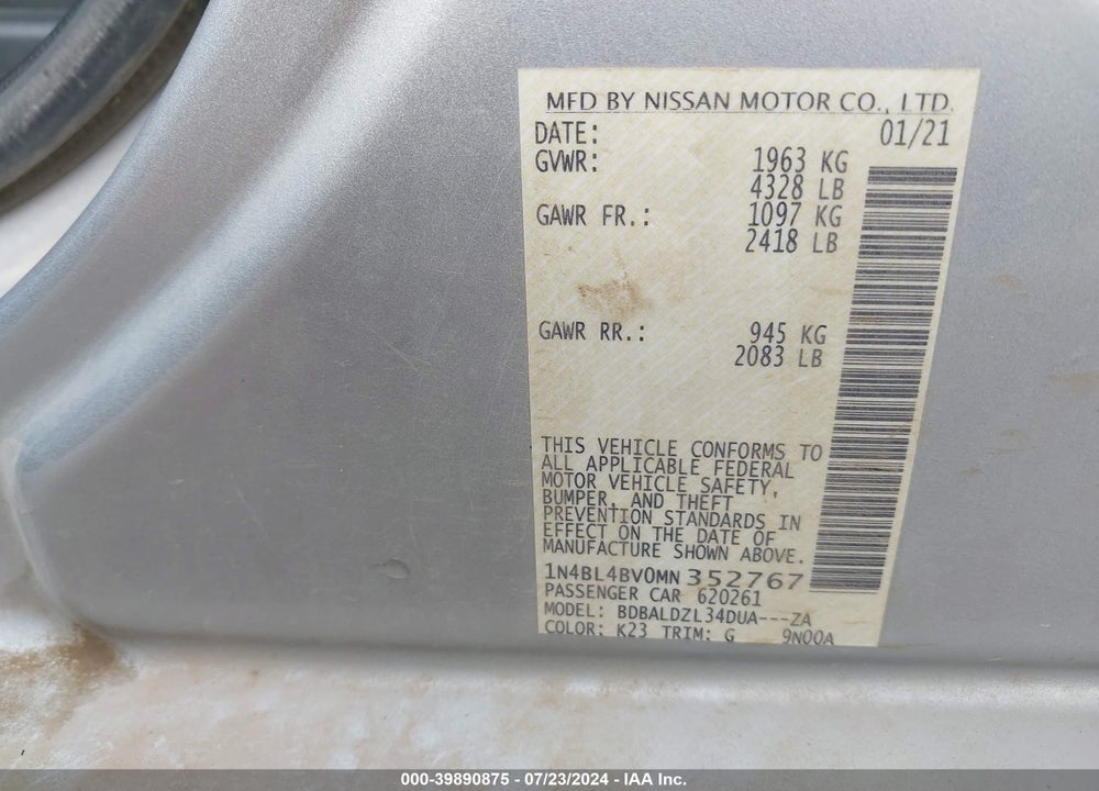 2021 NISSAN ALTIMA S FWD VIN: 1N4BL4BV0MN352767