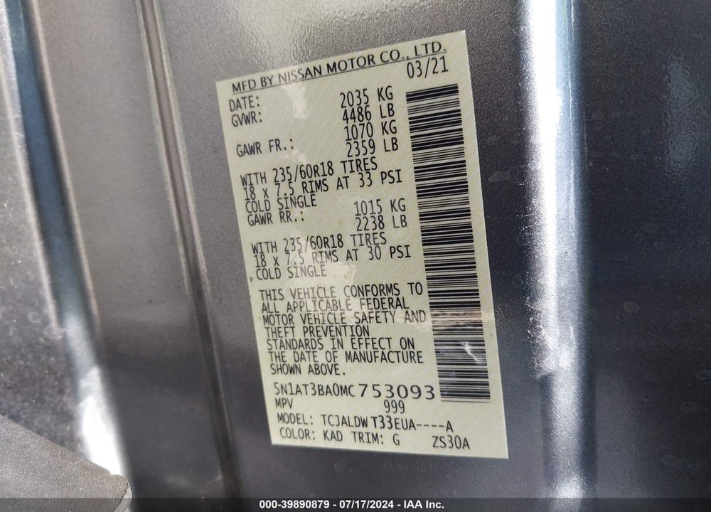 2021 NISSAN ROGUE SV FWD VIN: 5N1AT3BA0MC753093