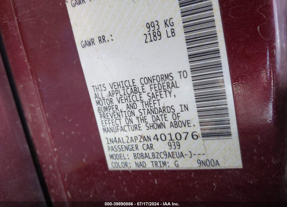 2010 NISSAN ALTIMA 2.5 S VIN: 1N4AL2AP2AN401076