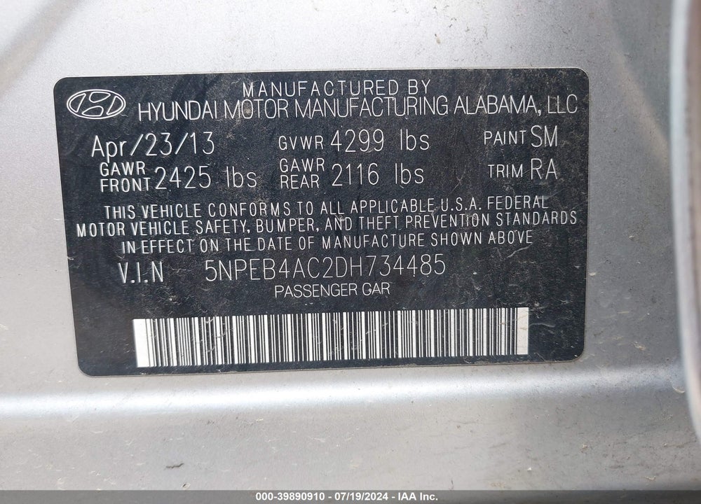 2013 HYUNDAI SONATA VIN: 5NPEB4AC2DH734485