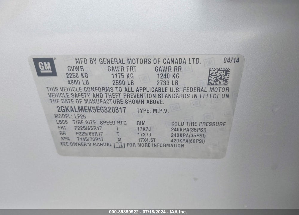 2014 GMC TERRAIN SLE-1 VIN: 2GKALMEK5E6320317
