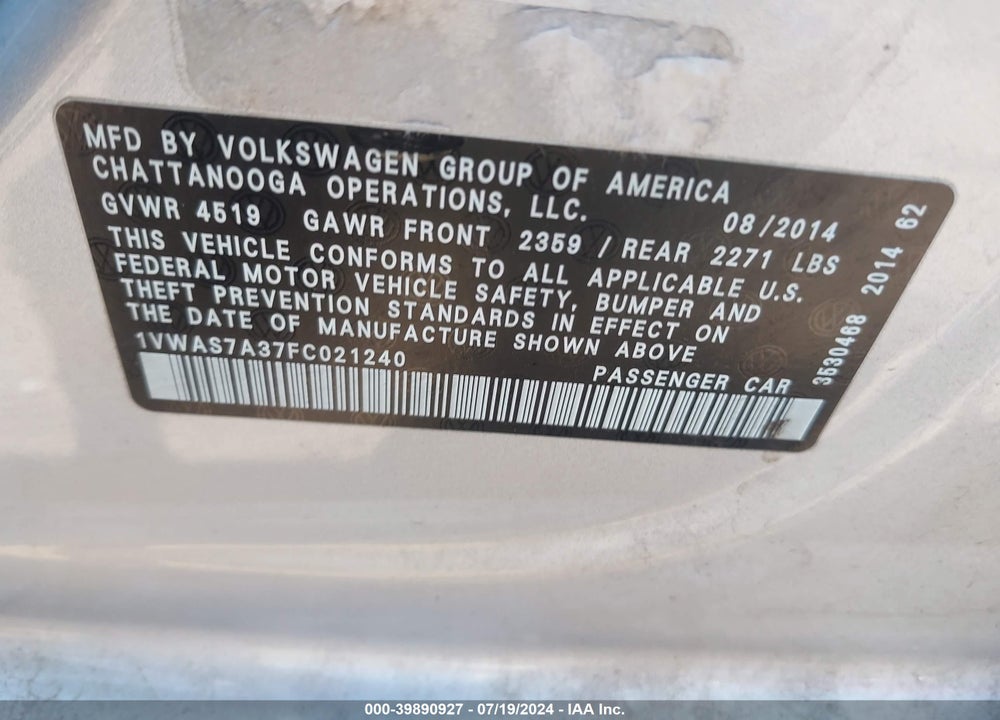 2015 VOLKSWAGEN PASSAT 1.8T S VIN: 1VWAS7A37FC021240