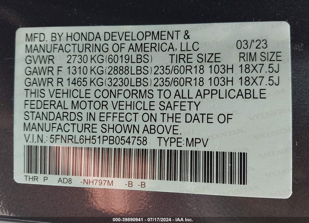 2023 HONDA ODYSSEY EX VIN: 5FNRL6H51PB054758