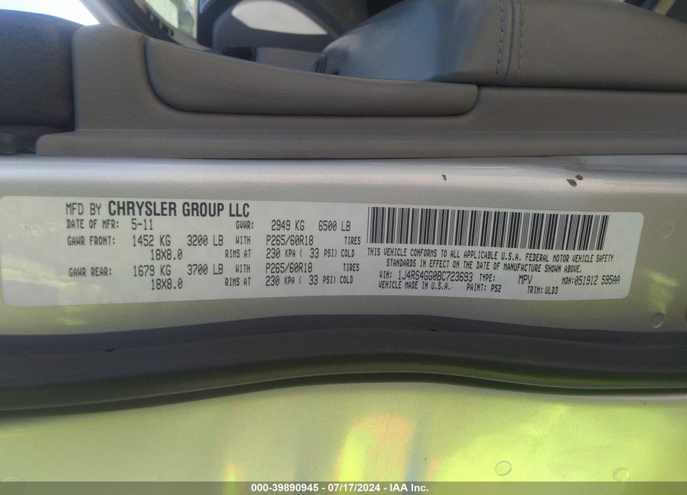 2011 JEEP GRAND CHEROKEE LAREDO VIN: 1J4RS4GG0BC723693