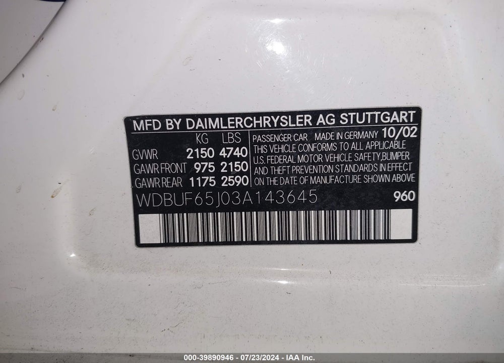 2003 MERCEDES-BENZ E 320 VIN: WDBUF65J03A143645