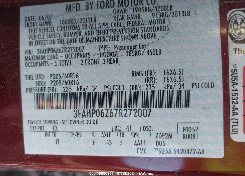2007 FORD FUSION S VIN: 3FAHP06Z67R272007