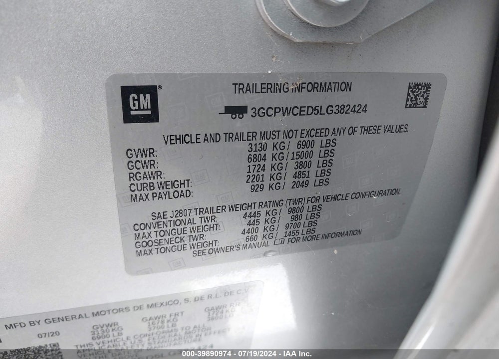 2020 CHEVROLET SILVERADO 1500 2WD SHORT BED LT VIN: 3GCPWCED5LG382424