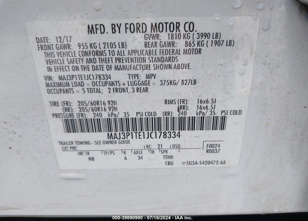 2018 FORD ECOSPORT SE VIN: MAJ3P1TE1JC178334