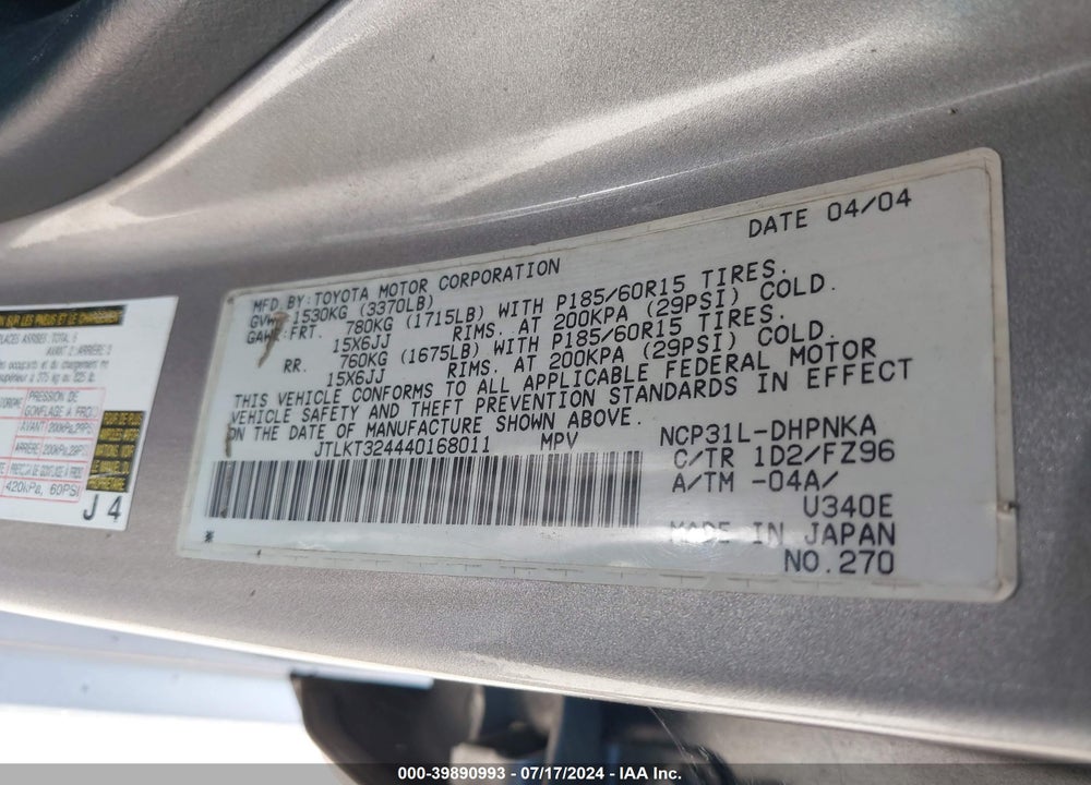 2004 SCION XB VIN: JTLKT324440168011