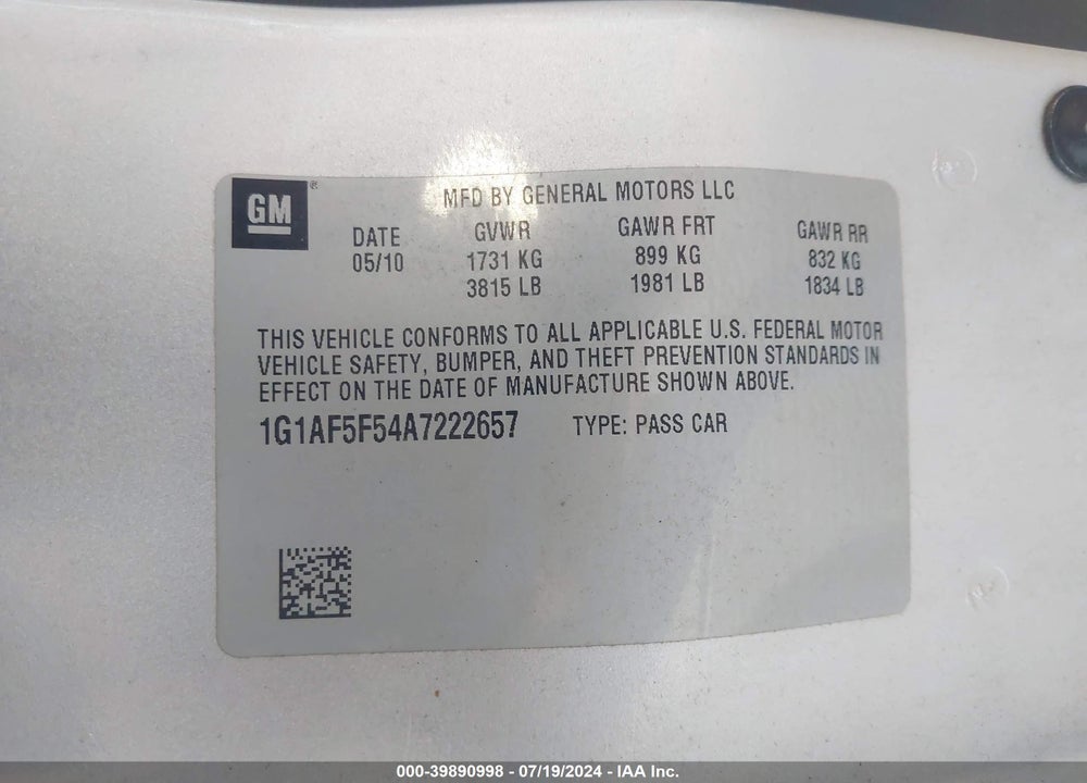 2010 CHEVROLET COBALT LT VIN: 1G1AF5F54A7222657