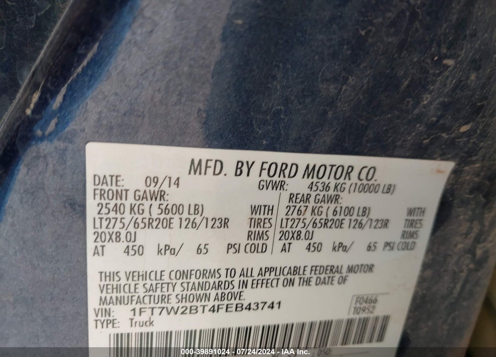 2015 FORD F-250 LARIAT VIN: 1FT7W2BT4FEB43741