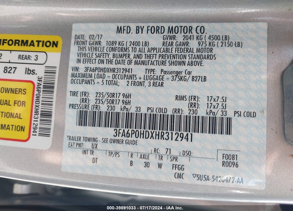 2017 FORD FUSION SE VIN: 3FA6P0HDXHR312941
