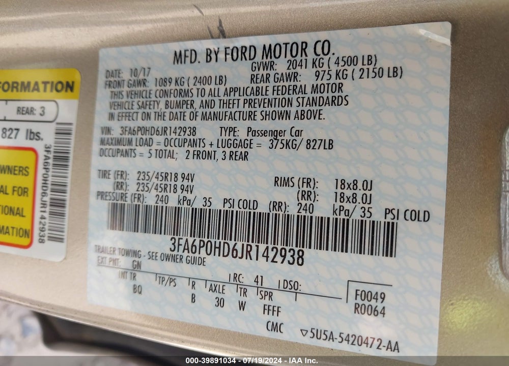 2018 FORD FUSION SE VIN: 3FA6P0HD6JR142938