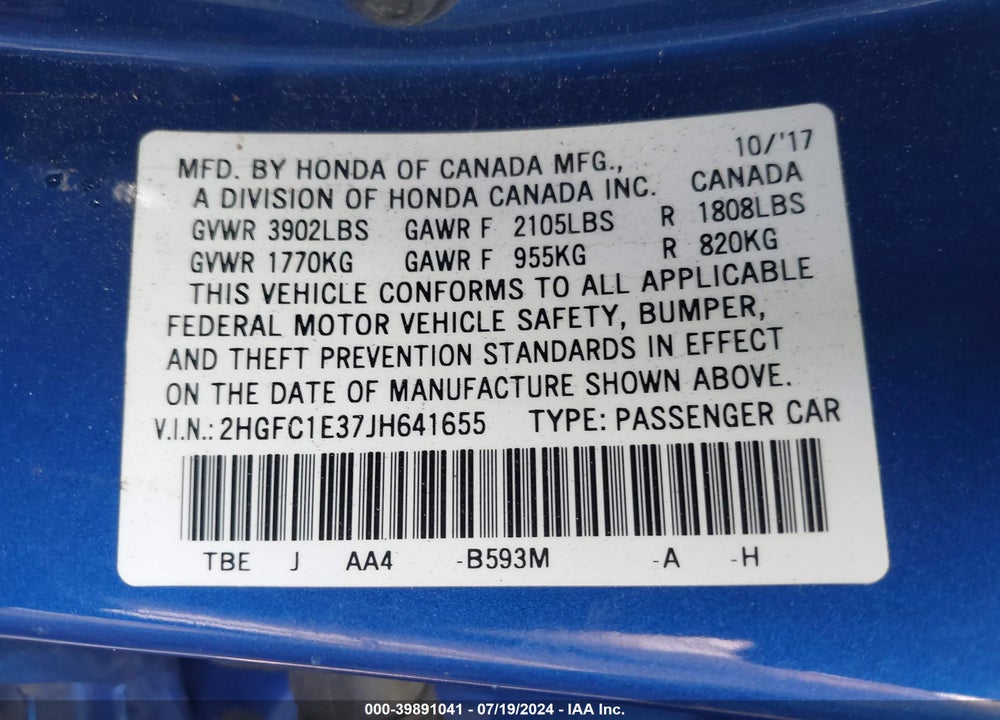 2018 HONDA CIVIC EX-T VIN: 2HGFC1E37JH641655