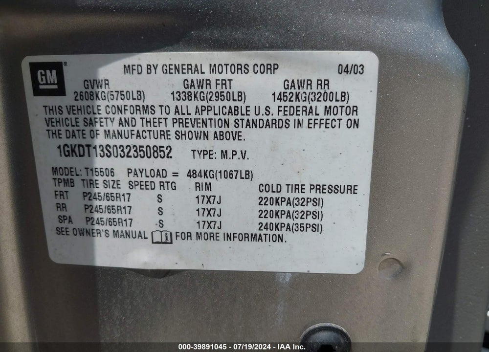 2003 GMC ENVOY SLT VIN: 1GKDT13S032350852