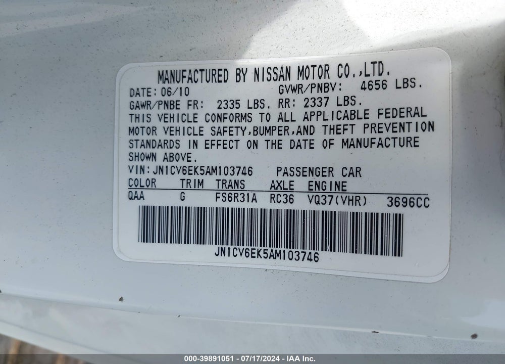 2010 INFINITI G37 SPORT VIN: JN1CV6EK5AM103746