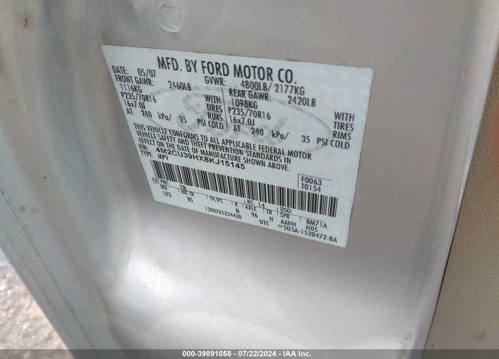 2008 MERCURY MARINER HYBRID VIN: 4M2CU39HX8KJ15145