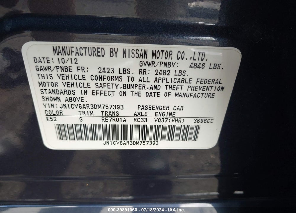 2013 INFINITI G37X VIN: JN1CV6AR3DM757393
