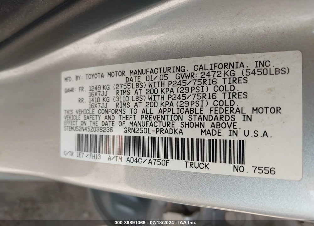 2005 TOYOTA TACOMA BASE V6 VIN: 5TEMU52N45Z038236