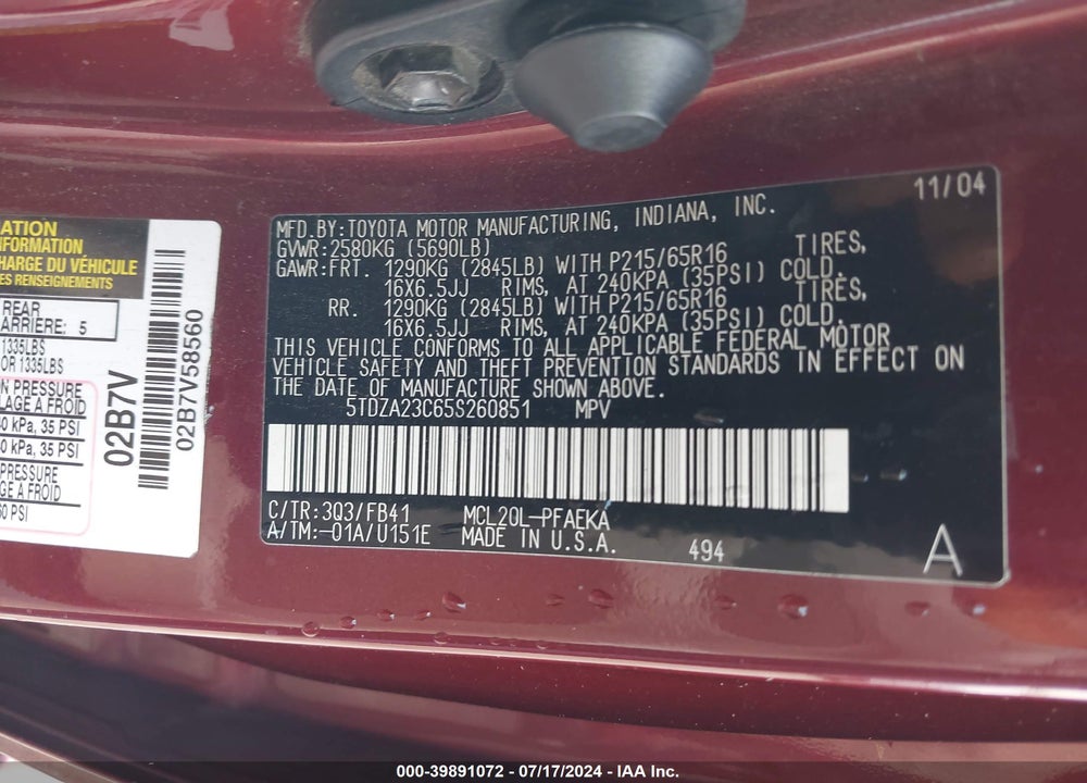 2005 TOYOTA SIENNA LE VIN: 5TDZA23C65S260851