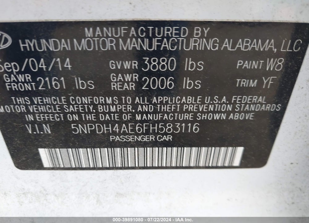 2015 HYUNDAI ELANTRA VIN: 5NPDH4AE6FH583116