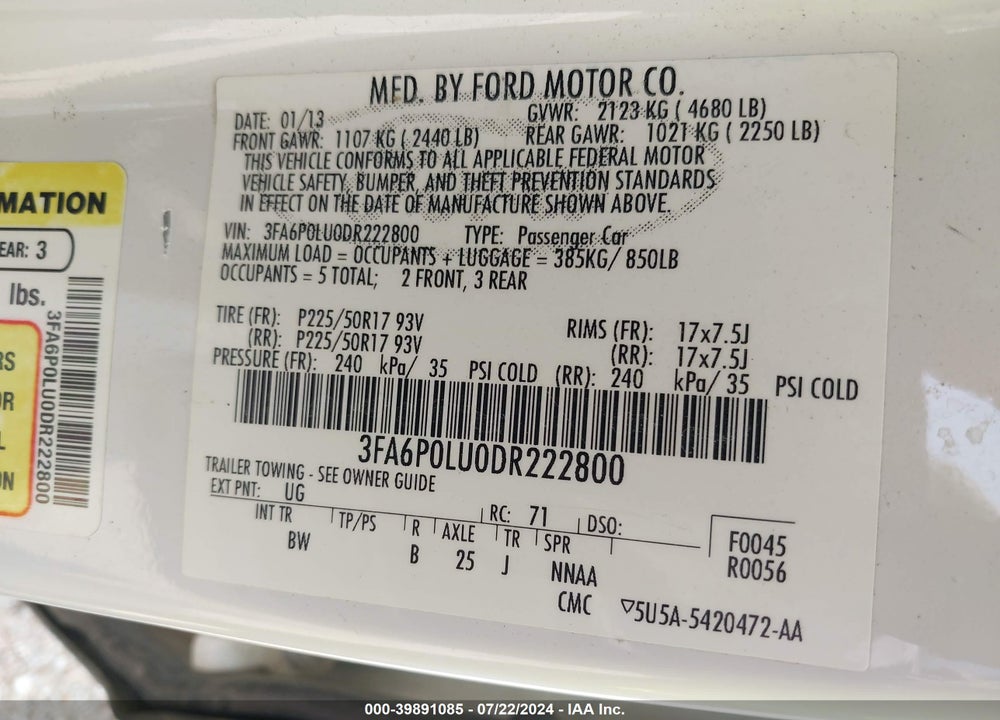 2013 FORD FUSION HYBRID SE VIN: 3FA6P0LU0DR222800