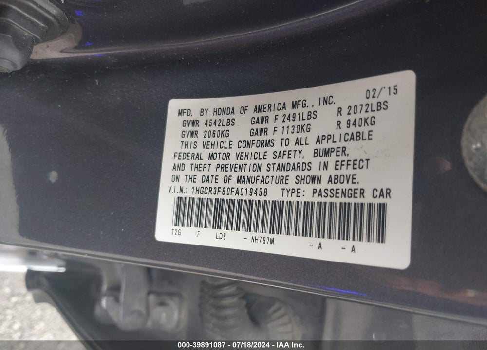 2015 HONDA ACCORD EX-L V-6 VIN: 1HGCR3F80FA019458