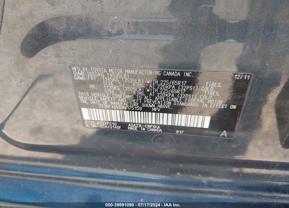 2011 TOYOTA RAV4 VIN: 2T3BF4DV6BW175159