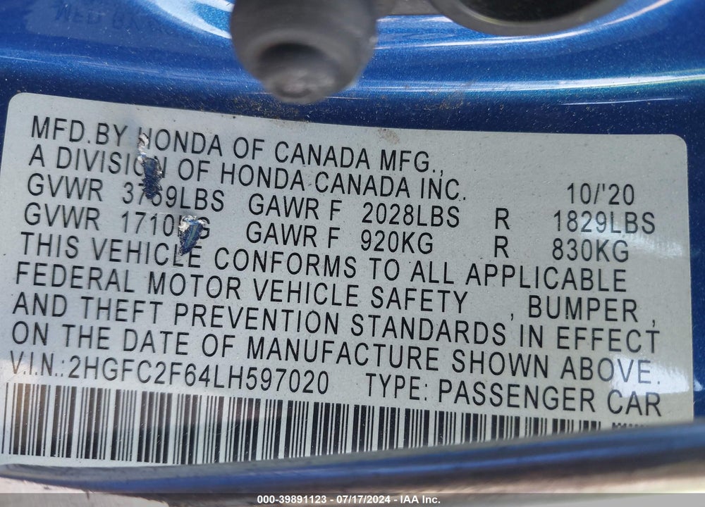 2020 HONDA CIVIC LX VIN: 2HGFC2F64LH597020