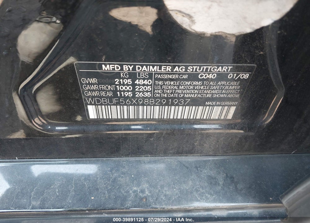 2008 MERCEDES-BENZ E 350 VIN: WDBUF56X98B291937
