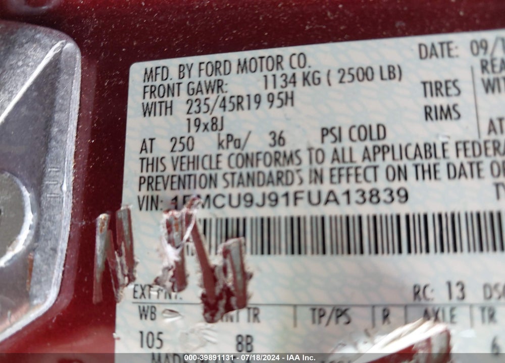 2015 FORD ESCAPE TITANIUM VIN: 1FMCU9J91FUA13839