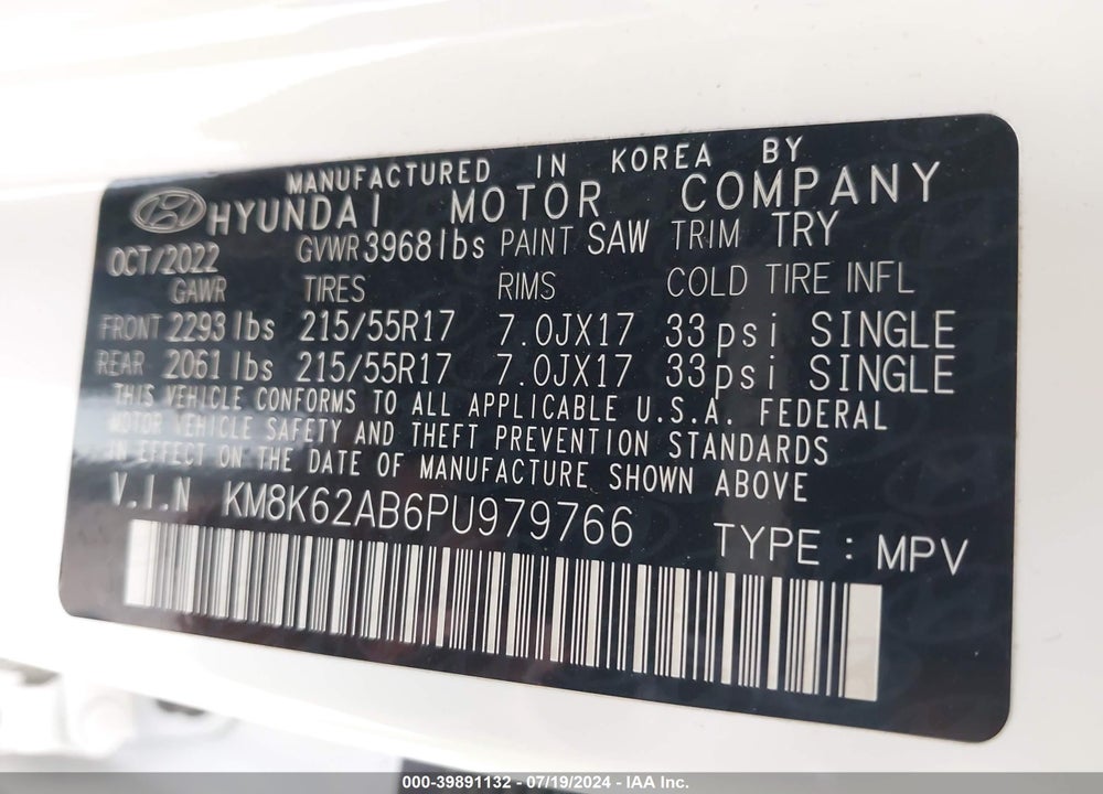 2023 HYUNDAI KONA SEL VIN: KM8K62AB6PU979766