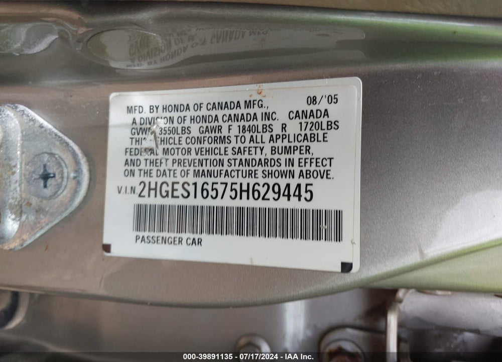 2005 HONDA CIVIC LX VIN: 2HGES16575H629445