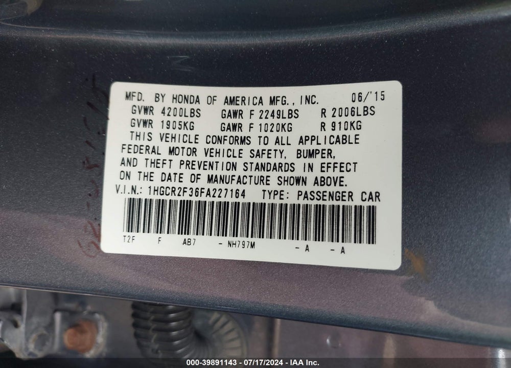2015 HONDA ACCORD LX VIN: 1HGCR2F36FA227164