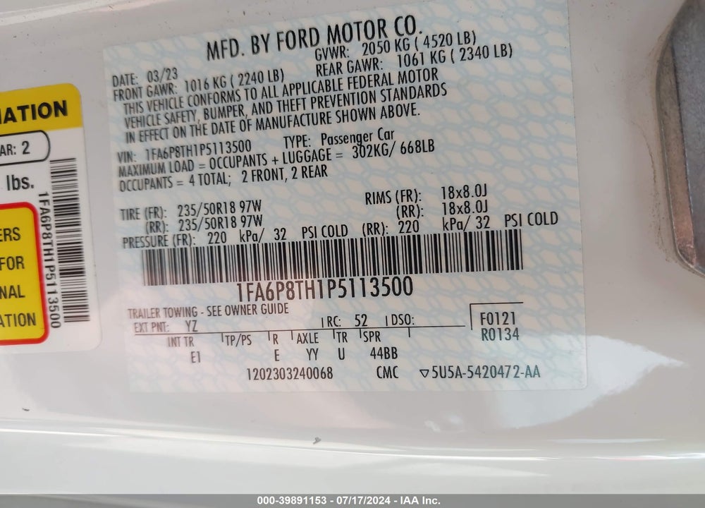 2023 FORD MUSTANG ECOBOOST PREMIUM FASTBACK VIN: 1FA6P8TH1P5113500